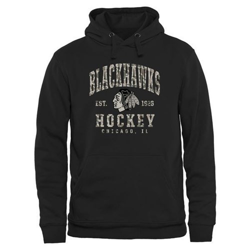 Men's Chicago Blackhawks Black Camo Stack Pullover Hoodie - Click Image to Close
